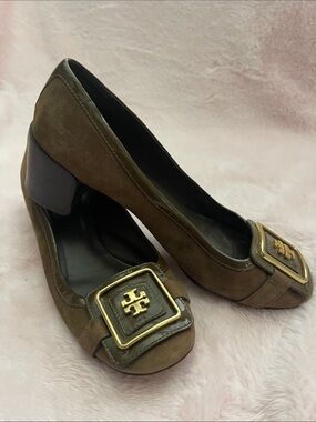 Tory Burch Brown Suede Low Heel Pumps with Gold Buckle